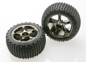 TRAXXAS Tires & wheels, assembled (Tracer 2.2' black chrome wheels, Alias 2.2' tires) (2) (Bandit rear, medium compound with foam inserts) (TSM rated)