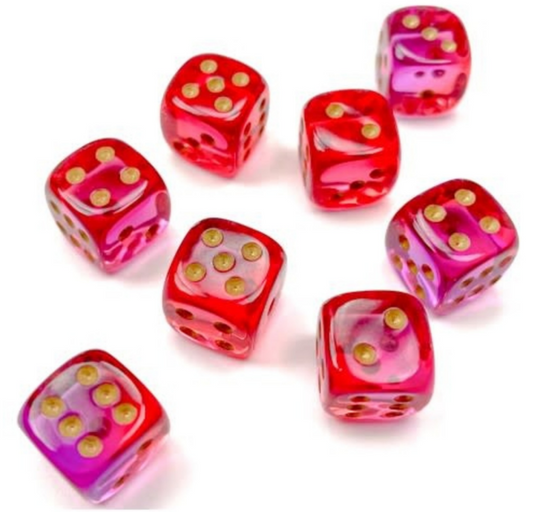 Chessex Gemini Translucent Red and Violet with Gold Numbers| d6Cube 12mm | 26867