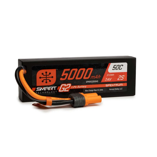 Spektrum 7.4V 5000mAh 2S 50C Smart G2 Hardcase LiPo Battery: IC5