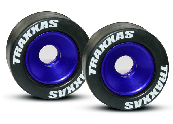 TRAXXAS Wheels, aluminum (blue-anodized) (2)/ 5x8mm ball bearings (4)/ axles (2)/ rubber tires (2)